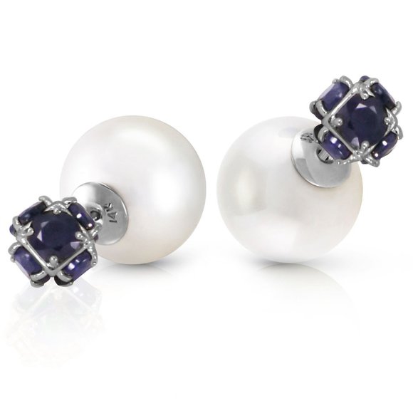14K. GOLD TRIBAL DOUBLE SHELL PEARLS AND SAPPHIRES STUD EARRINGS (White gold) - Picture 3 of 6